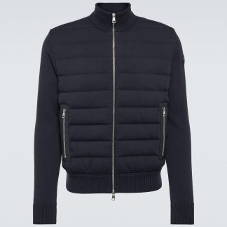 Replik Luxus Moncler Blaue Strickjacke aus Baumwolle mit Lederbesatz