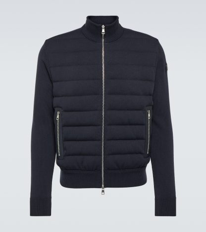 Replik Luxus Moncler Blaue Strickjacke aus Baumwolle mit Lederbesatz