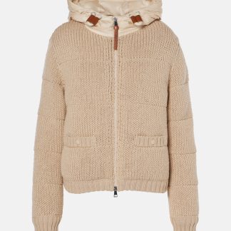 Replik Luxus Moncler Pulloverjacke aus Wolle mit Rippenstrick in Beige