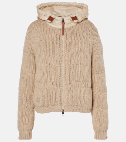 Replik Luxus Moncler Pulloverjacke aus Wolle mit Rippenstrick in Beige