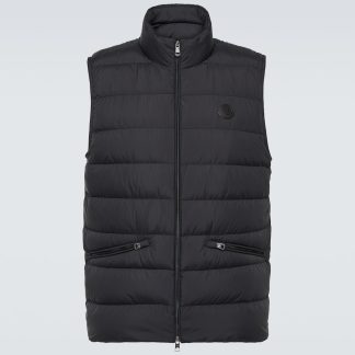 gefälschter Designer Moncler Lechtal Daunenweste mit Lederbesatz in Schwarz