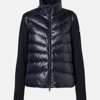 heißer Verkauf Designer Moncler Blaue Strickjacke aus Wolle mit Daunenbesatz