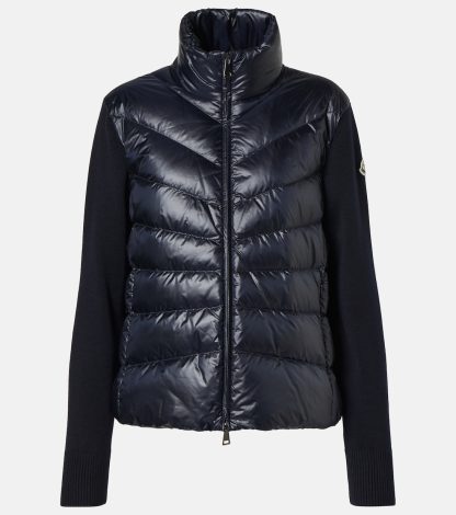 heißer Verkauf Designer Moncler Blaue Strickjacke aus Wolle mit Daunenbesatz