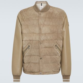 heißer Verkauf Luxus Moncler Chalanches Bomberjacke aus Leder und Daunen in Beige